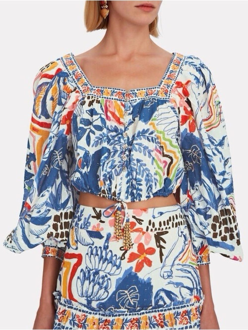 FARM Rio Navy Floral Drawstring Crop Top with Multicolor Accents - Picture 2 of 8